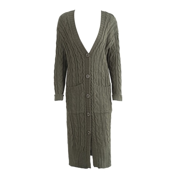 Green Cable Knit Cardigan Buttoned with Pockets - Picture 5 of 8